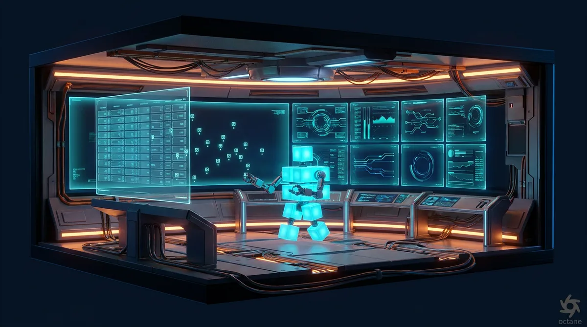 A futuristic control room with glowing screens demonstrates compliance evidence and data analytics.