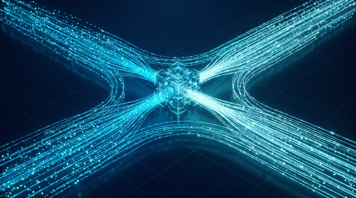 A glowing cube represents data integration, showcasing how CAQA Systems connects educational platforms.