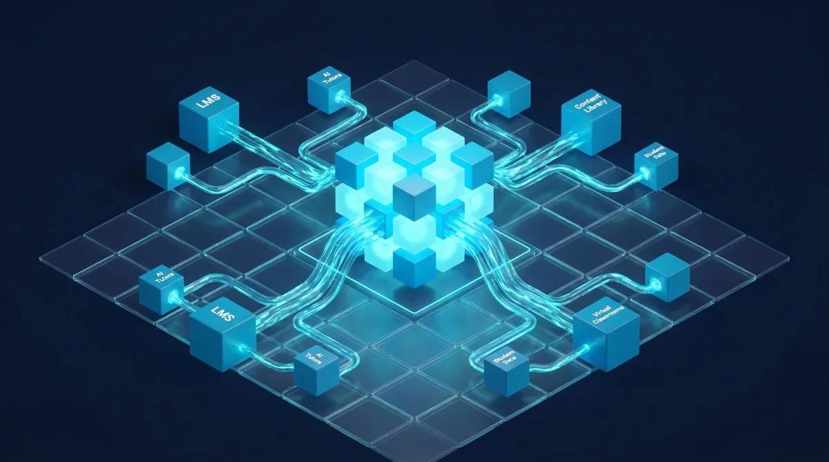 A glowing blue network illustrates LMS integration and data flow for education technology solutions.
