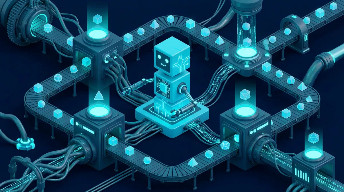 A glowing blue robotic structure connects with a complex network of circuitry, demonstrating CAQA Systems’ automated.